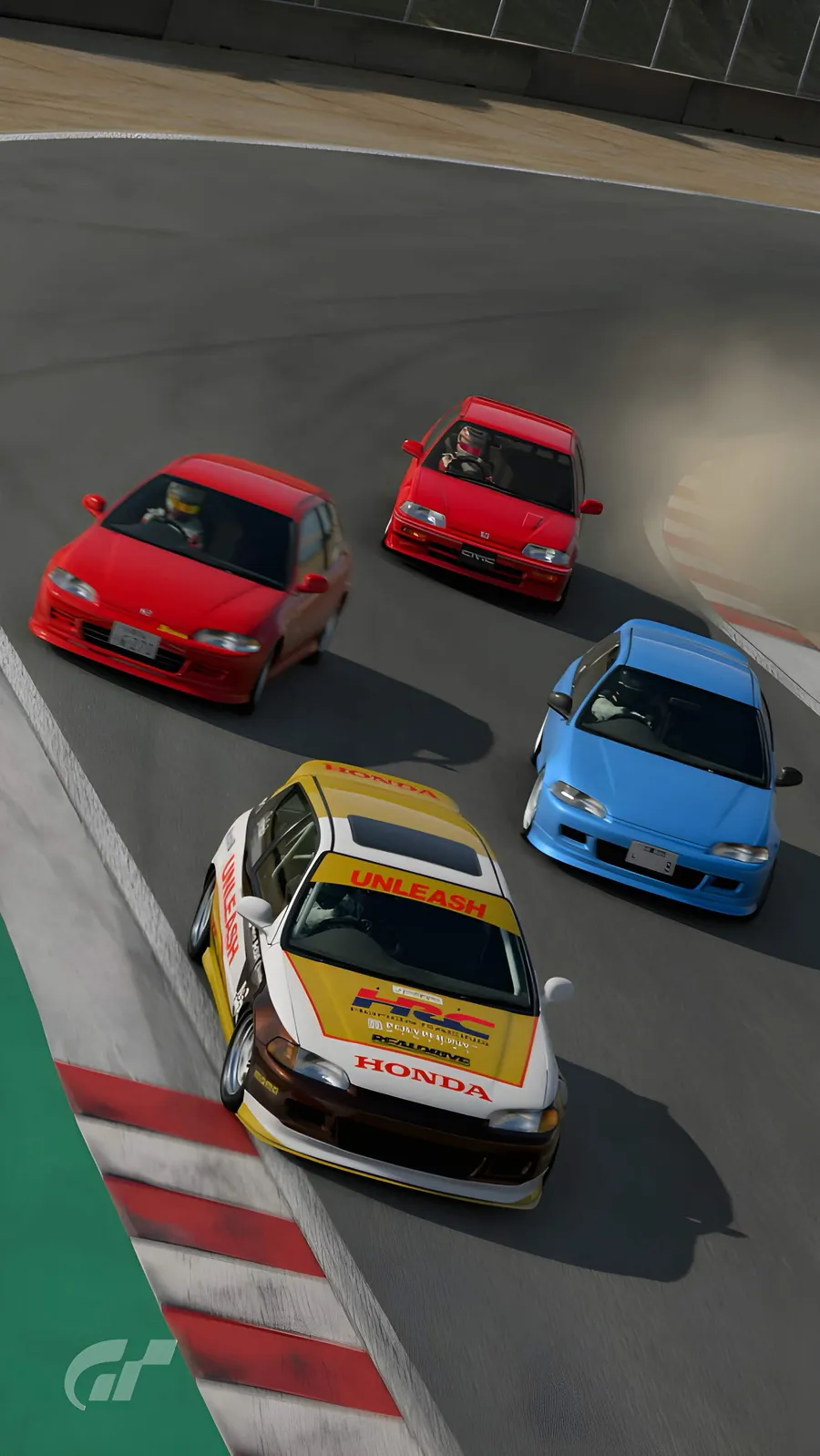 Four classic hatchbacks, red, blue and a yellow-white racer, diving into a corner